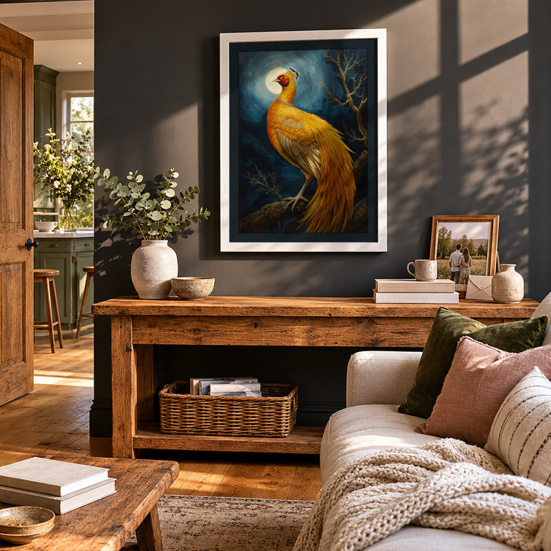 Moonlit Bird in Branch Japandi - Framed Print, A3 - 42.0 x 29.7 cm, White