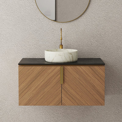 Meuble-lavabo 36 po, armoire de rangement murale en contreplaqué avec portes doubles, comptoir en pierre frittée noire et lavabo rond en céramique blanche avec motif de pierre, couleur grain de bois de chêne brun
