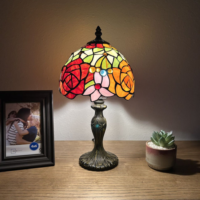 Veilleux Tiffany Mini Table Lamp Rose Flowers Red Orange Stained Glass LED Bulb Included 8"W*8"D*15"H