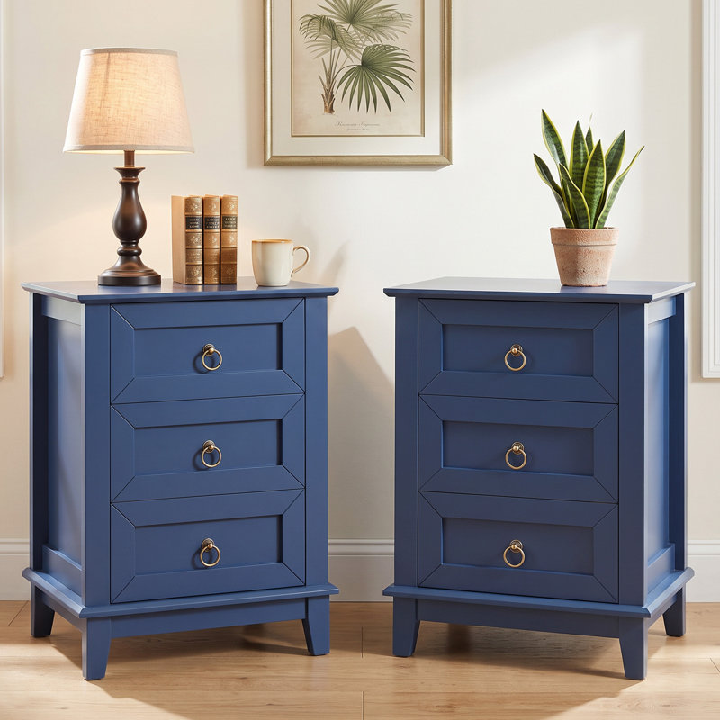 Table de chevet, ensemble de 2 tables d'appoint 3 tiroirs avec poignées anneaux rétro, l 18 po, Bleu