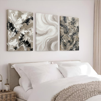 Abstrait coup de pinceau et motif tourbillonnant sur toile tendue, ensemble de 3 reproductions d'art sur toile pour salon, chambre à coucher ou bureau
