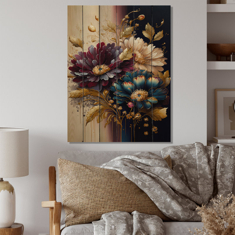 Daisy Bunch III bourgogne et bleu - reproduction sur bois sans cadre, H 20 po x l 12 po x P 1 po