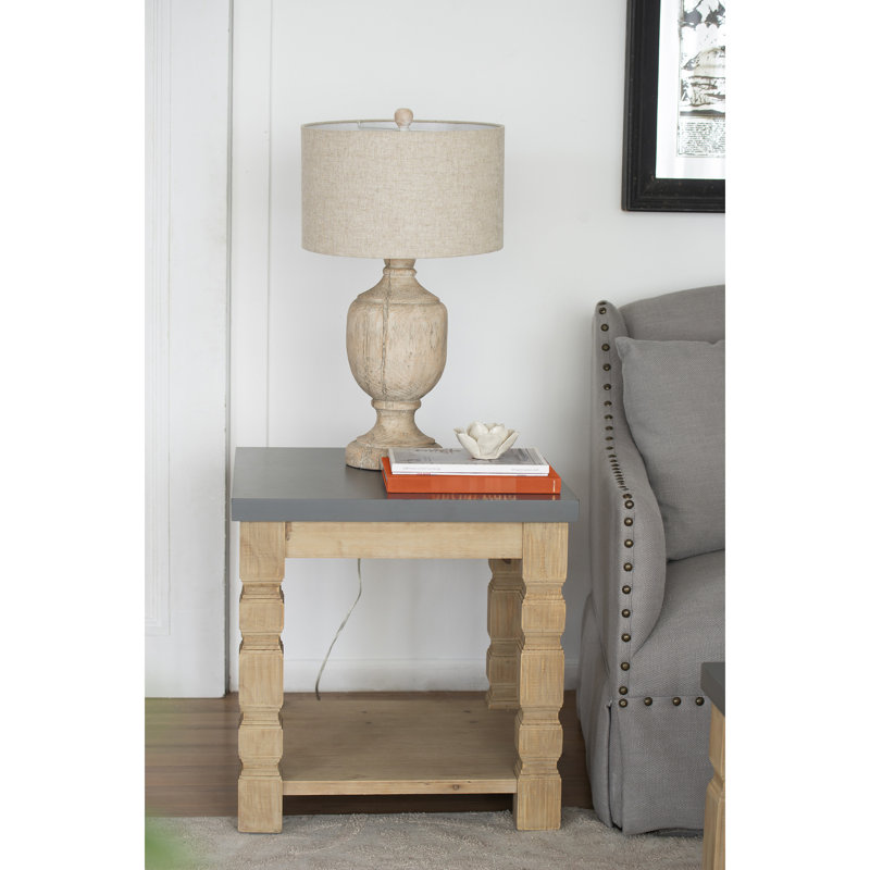 Square Side Table In Concrete And Wood Style, 23.8X23.8X24", Modern Home Accessory Rustic Contemporary Table, & Wooden, Stylish Addition