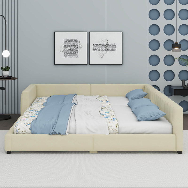 Mariyaah Queen Size & Twin XL Size Upholstered Mother & Child Bed, Beige