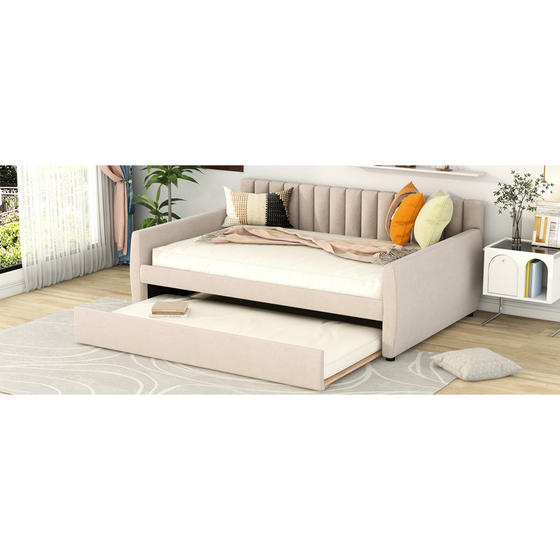 Lit de jour double avec lit gigogne et support en lattes de bois, beige, confortable pour les membres de la famille