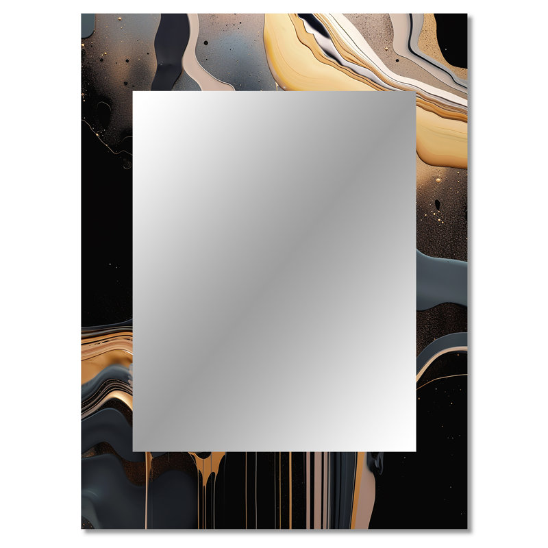 Or et marbre noir Mirage II - miroir mural décoratif en marbre, miroir doré, impression d'art en métal, 40 po x 30 po