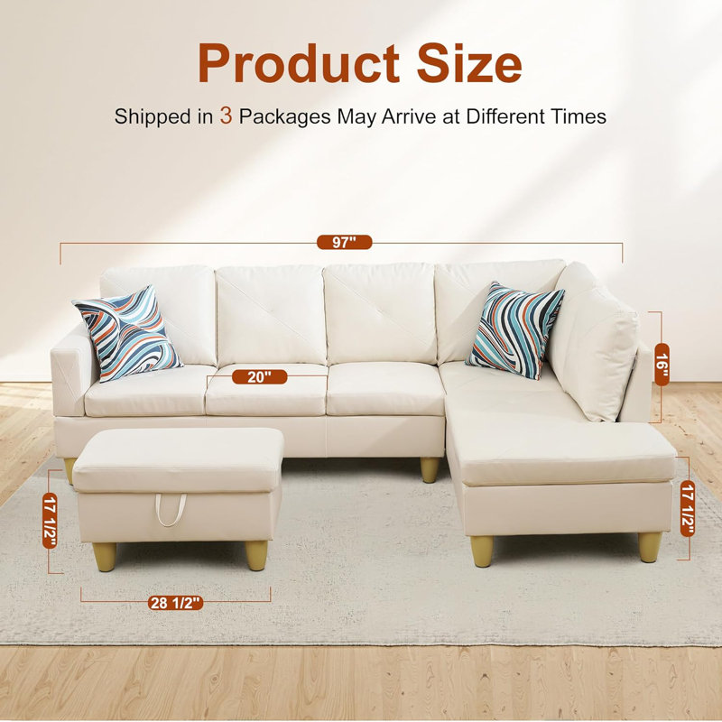 Canapé modulaire en flanelle 3 pièces, Tissu blanc, Orienté à droite