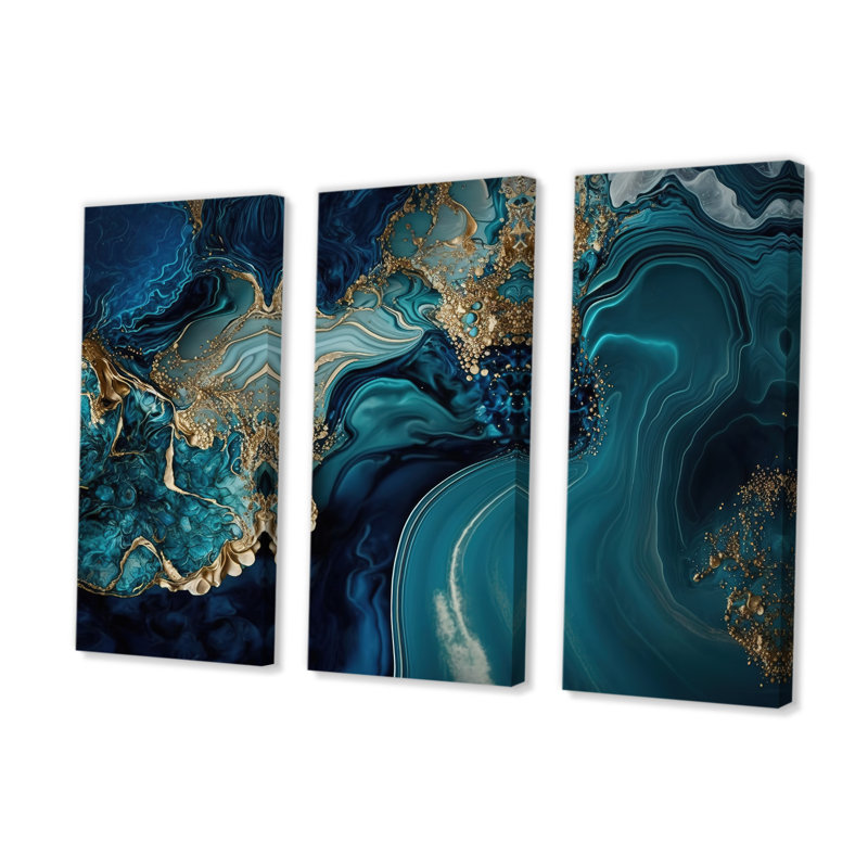 " Abstract Geode Turquoise I " 3 Piece Art Watercolor Set, 28" H x 36" W x 1" D