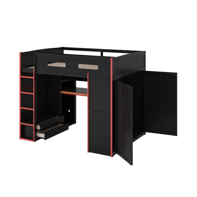 Full Size Wood Loft Bed With Desk,Wardrobe And LED Light, Red