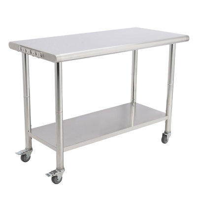 Table de préparation 48 po x 24 po en acier inoxydable avec roues verrouillables, table de travail commerciale robuste avec tablette réglable et crochets latéraux, îlot de cuisine pour restaurant, boulangerie, maison