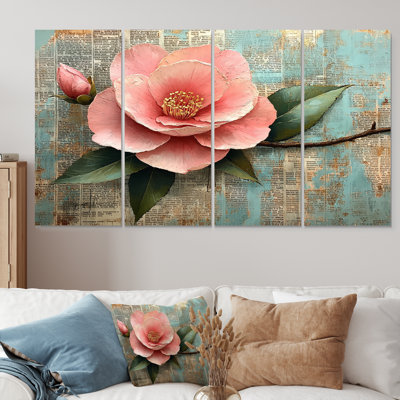 Rose et vert Camellia Winter Bloom I - ensemble d'art mural en toile Camellia