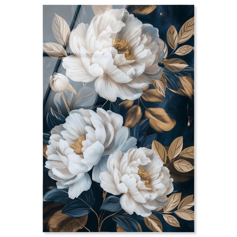Décoration murale "Fleurs blanches et feuilles dorées" par Art Remedy, H 30 po x l 20 po