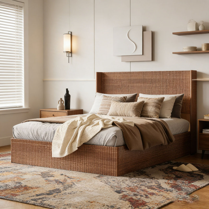 Base de lit plateforme en bois, Grand lit, Natural Wood