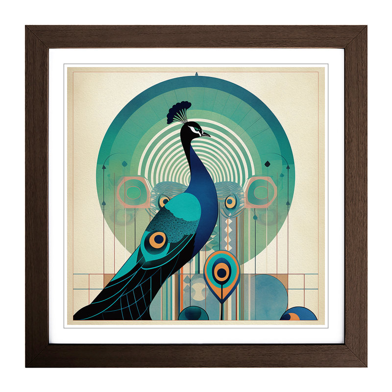 Peacock Bauhaus No.2 - Single Picture Frame Print on Wood, Walnut
