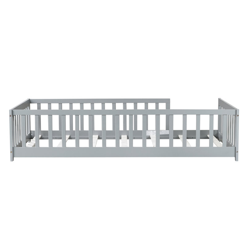 Lit plateforme simple en bois massif pour enfants avec transition pour lit de tout-petit et clôture, Gris