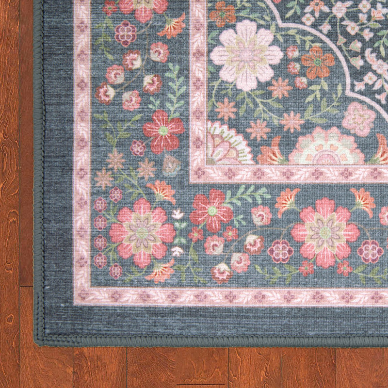 Laura Ashley Victora Washable Printed Chenille Rug 1-Piece, 24" x 72", Navy