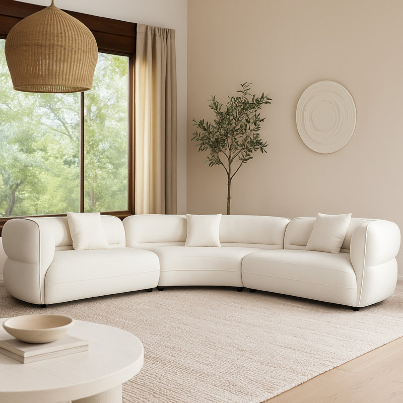 Canapé modulaire 3 pièces Mcy, 3 coussins décoratifs, polyester ivoire texturé