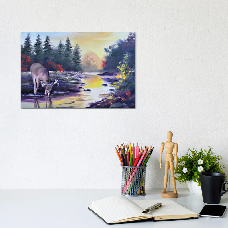 Buck Drinking From The Creek by D. "Rusty" Rust - Gallery-Wrapped Canvas Giclée on Canvas, 20.32 cm H x 30.48 cm W, Canvas