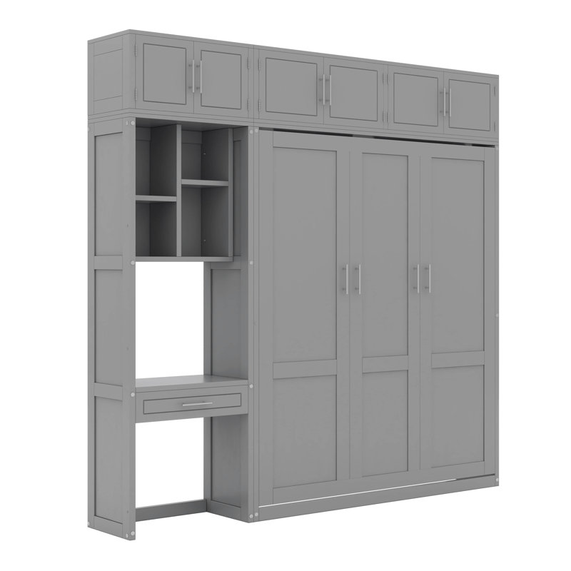 Grand lit escamotable mural avec bureau, armoire supérieure et tête de lit bibliothèque, Gris