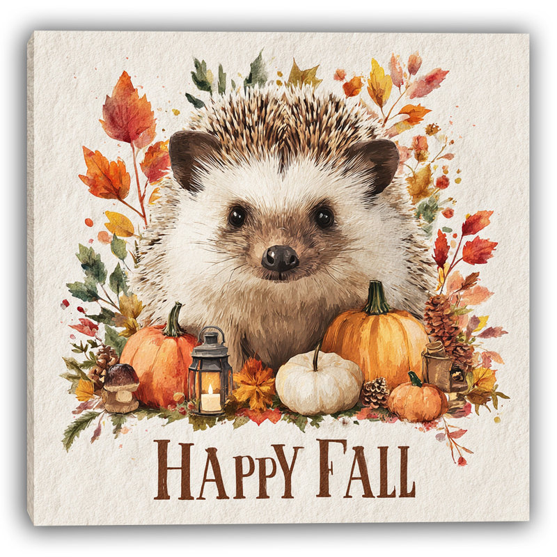«Happy Fall Hedgehog», art mural sur toile tendue, H 20 po x l 20 po