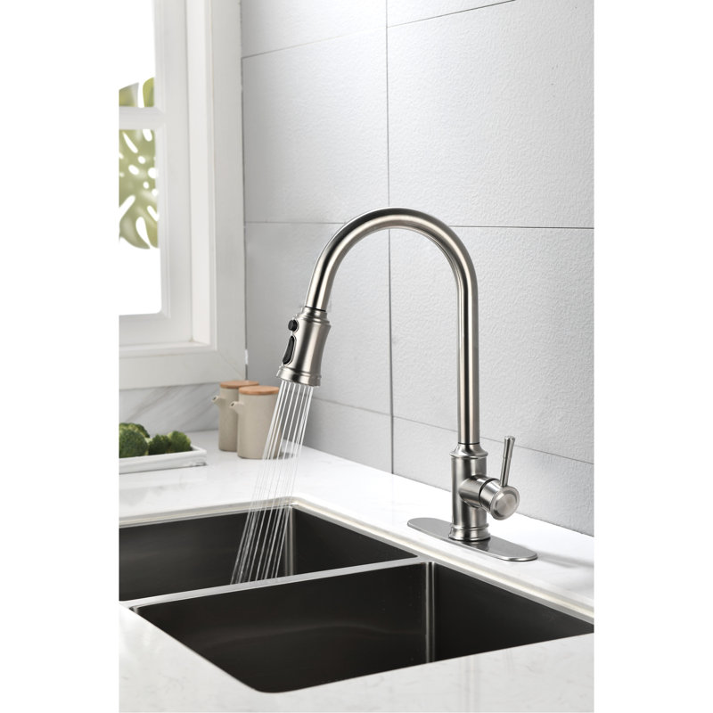 High Arc Brushed Nickel Sink Faucet With Pull Out Spray Head And Stain- Finish Kitchen In 360 Swivel Scale, Brushed Nickel