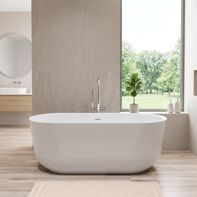 59 in. x 28 in. Acrylic Freestanding Slipper Soaking Bathtub in Glossy White, Pre-Drilled Drain & Overflow Holes, Self Leveling Base