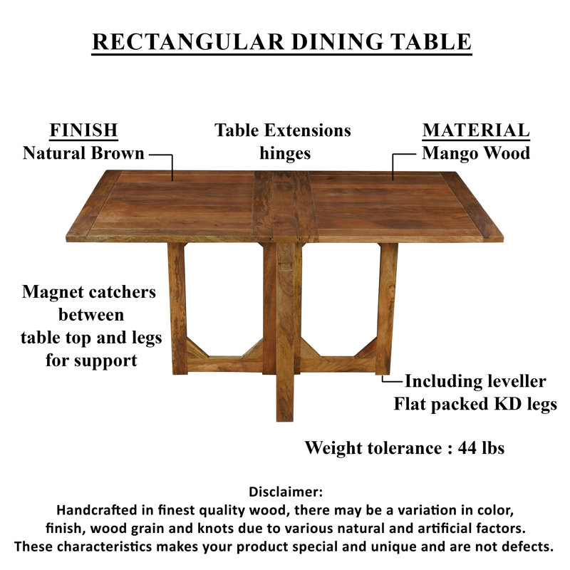 Modern Farmhouse Rectangular Dining Table 62" Handcrafted Natural Mango Wood With Magnetic Catchers
