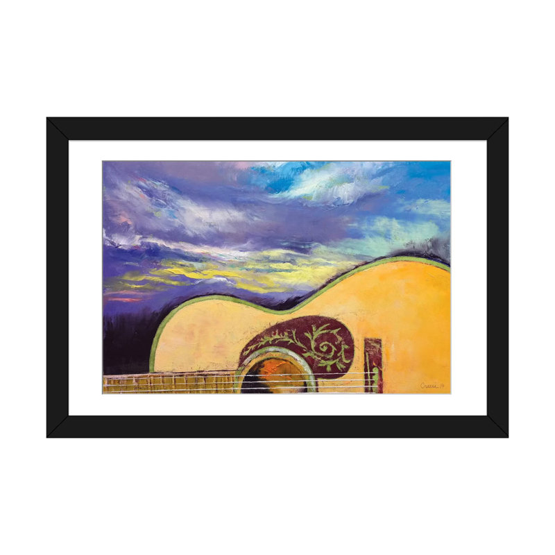 «Sunset Guitare», reproduction d'art sur toile, H 16 po x l 24 po x P 1 po, Papier d'art encadré noir, Blanc