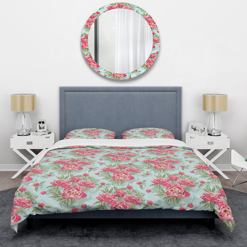 Floral rouge avec feuille verte - ensemble de housse de couette floral - microfibre de polyester