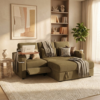 83'' Convertible Sleeper Sofa with Pull Out Bed, Chenille Sectional Loveseat Couch with USB Ports, Electric Footrest, Adjustable Backrest, Side Table & Storage Arms, Brown