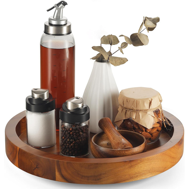 13" Acacia Wood Lazy Susan Organizer For Cabinet - Round Lazy Susans Turntable For Countertop - Wooden Kitchen Rotating Storage Food Bin Container For Centerpiece Table, Spices, Pantry