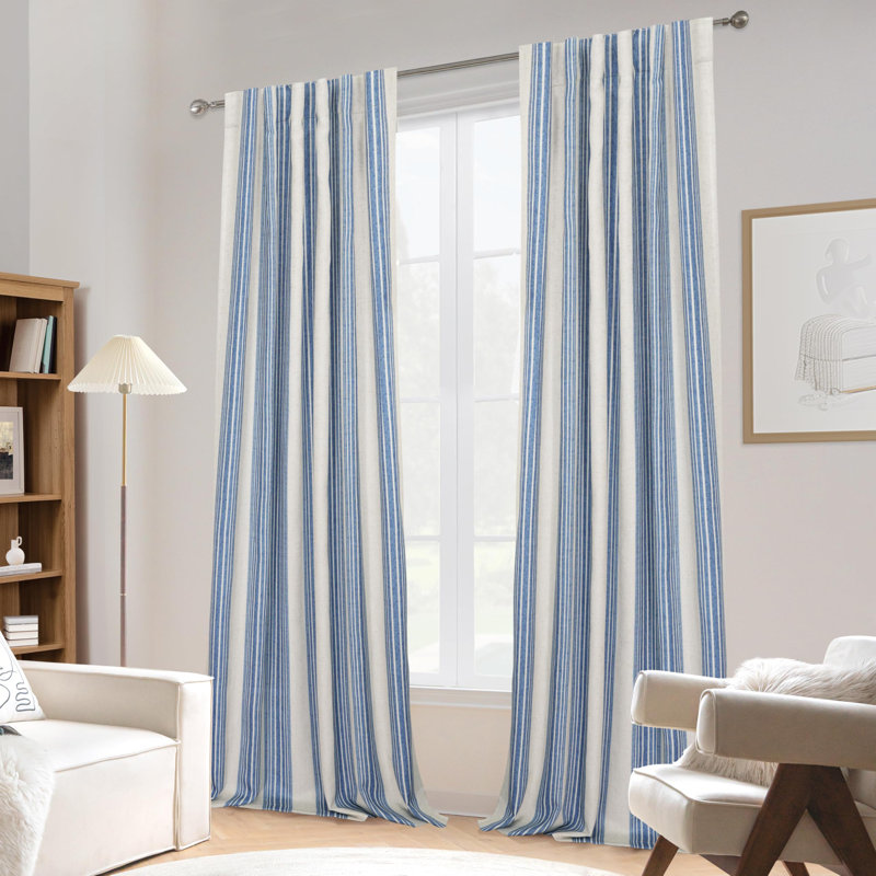 Chris Vertical Striped Linen Blend Lined Thermal Insulated Blackout Rod Pocket Back Tab Curtains, 52" W x 84" L, Jean Navy