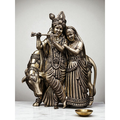 4 Inch Small Superfine Radha Krishna with Cow Wall Hanging Brass Statue