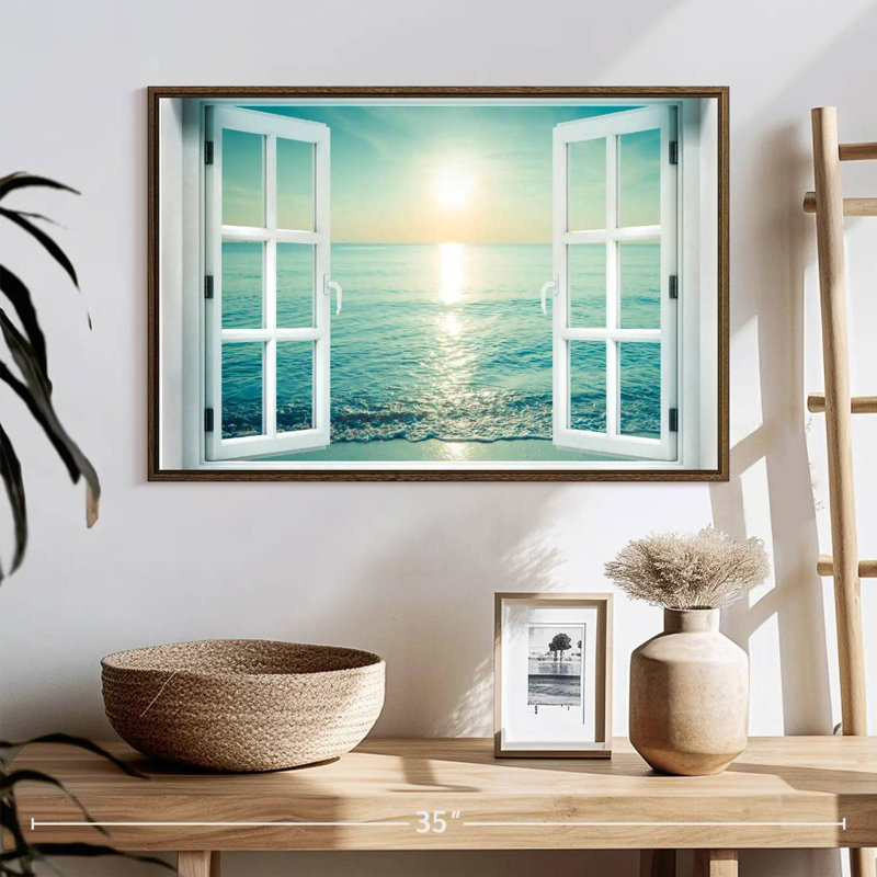 Fenêtre sur le paysage marin, 25 po x 17 po, Cadre flottant noyer