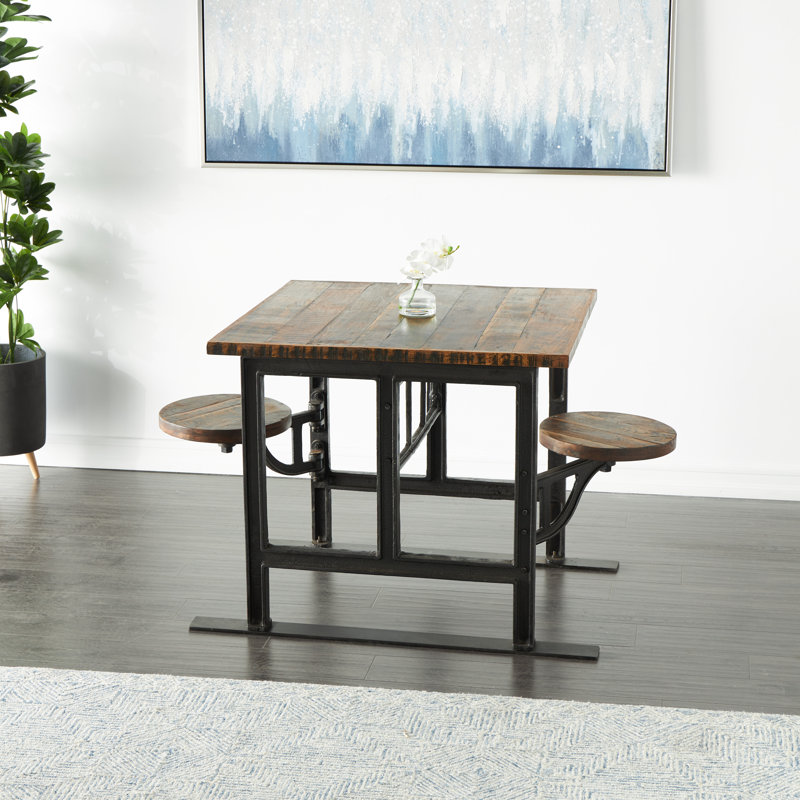 Teak Wood Dining Table with Attached Seats, Bronzed, Black, 31.13" H x 35" W x 42" L