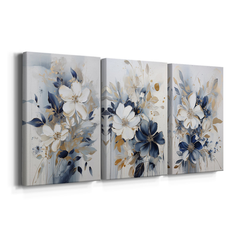 Étude florale CIV - Ensemble de 3 toiles tendues avec châssis - Prêt à être accroché, H 60 po x l 40 po