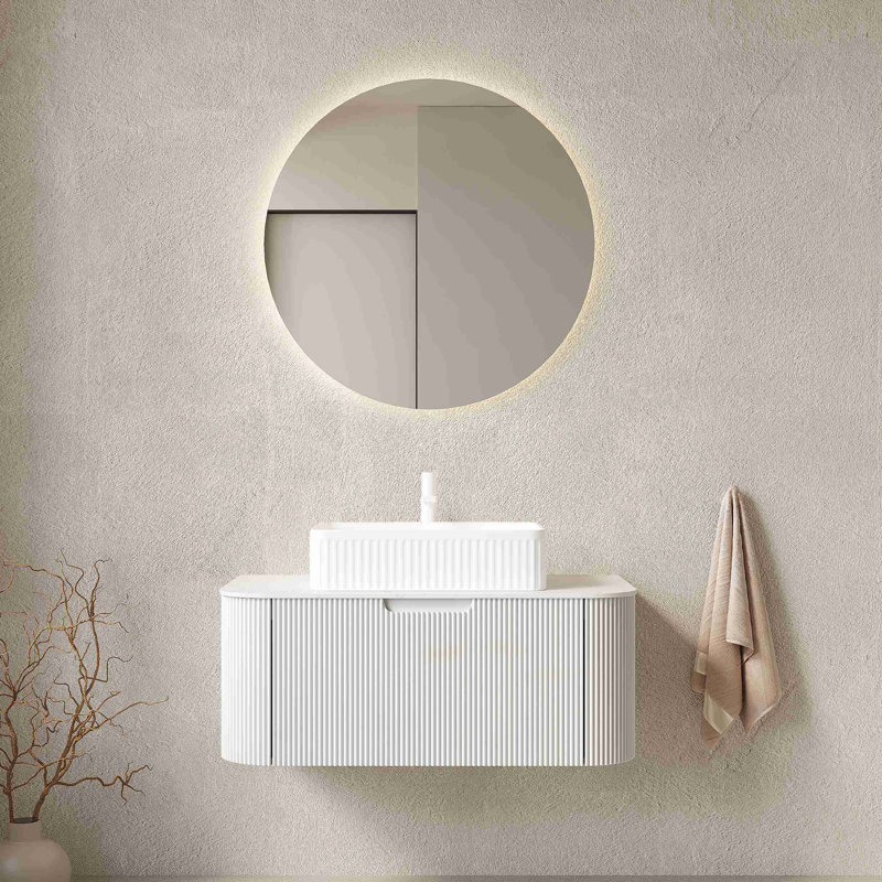 Meuble-lavabo de 36 po, lavabo à rebords flottants courbés et contreplaqué rayé avec tiroir rectangulaire en céramique et plateau en pierre frittée, pré-assemblé