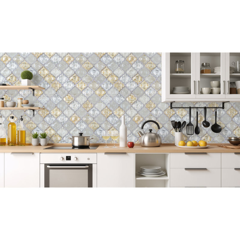 2" x 2.5" Glass Arabesque Mosaic Wall & Floor Tile, Gold/White/Silver