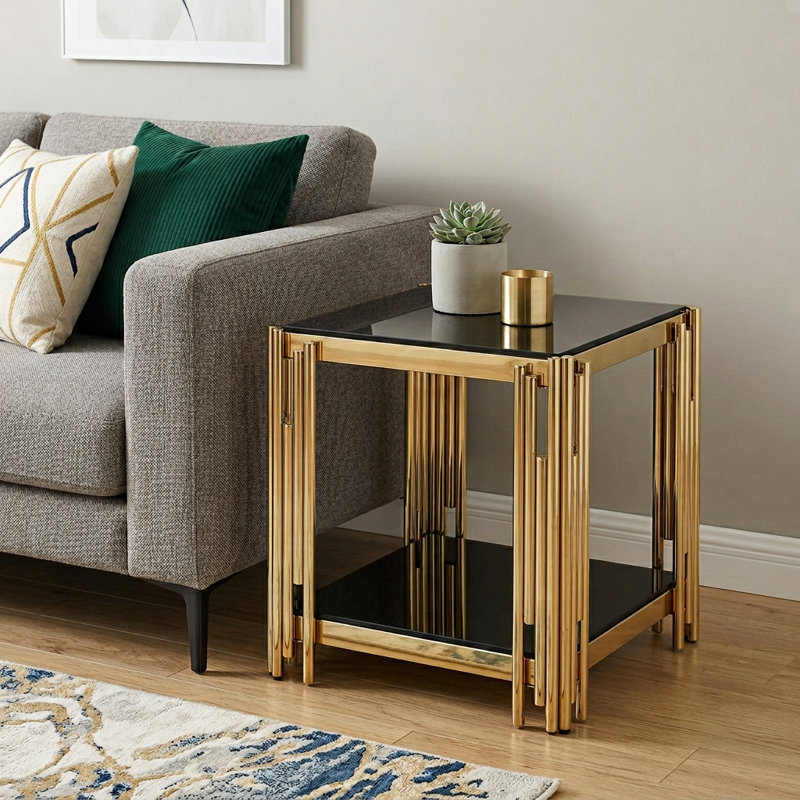 Table basse 23 po carrée en acier inoxydable et verre noir et doré