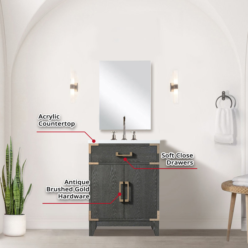 Meuble-lavabo en chêne noir 61 x 46 cm, comptoir en acrylique, robinetterie et miroir de 46 cm inclus. Meuble de salle de bain 61 x 61 cm, comptoir poli à la main.
