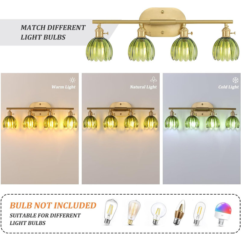 Miroir de salle de bain 4 lumières en laiton avec abat-jour tulipe vert