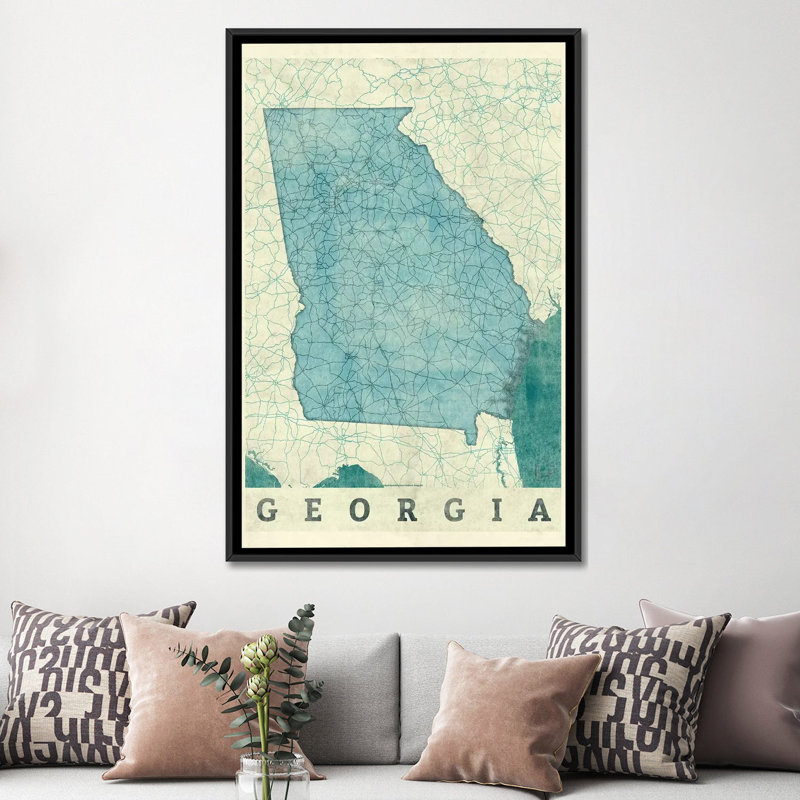 «Georgia Map», impression sur toile, H 26 po x l 18 po x P 1,5 po, Toile avec cadre noir, Pas de tapis