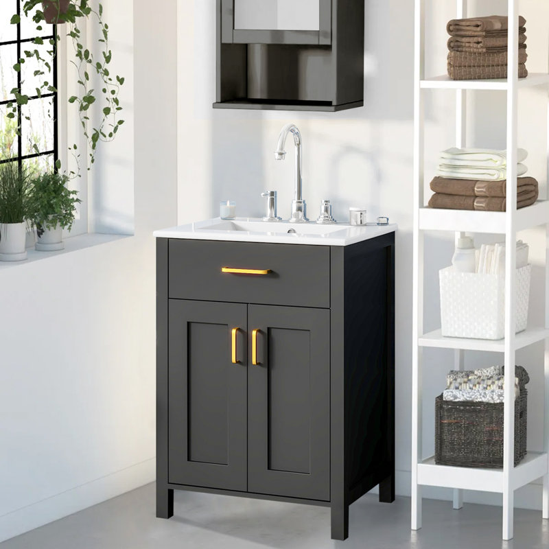 Ensemble de meuble-lavabo de salle de bain avec lavabo en céramique, meuble-lavabo peu encombrant, Noir, noir, noir, noir