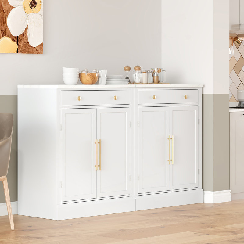 Modern Freestanding Kitchen Pantry, Buffet Storage Coffee Bar Cabinet With Drawer, Set Of 2, Gold