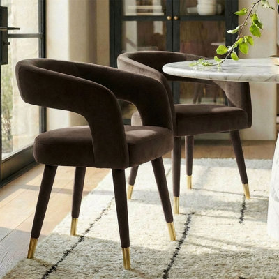 Velvet Upholstered Barrel-Back Dining Chair With Gold Capped Legs