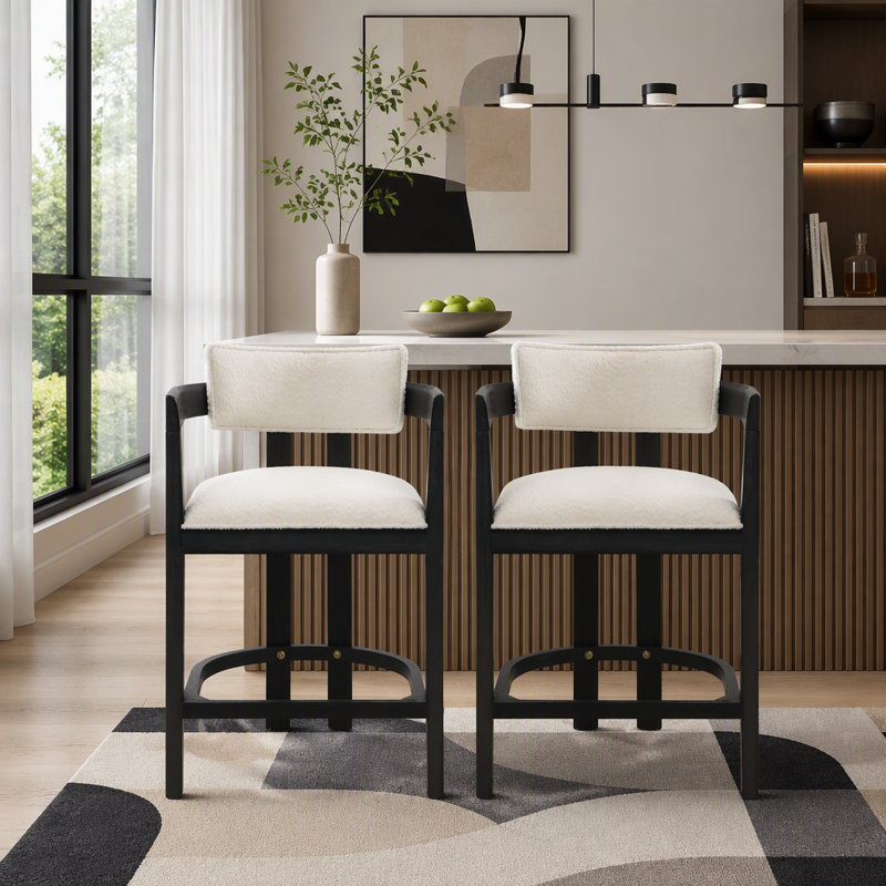 Ensemble de 2 tabourets de comptoir rembourrés avec dossier incurvé 26 po, Beige, Noir
