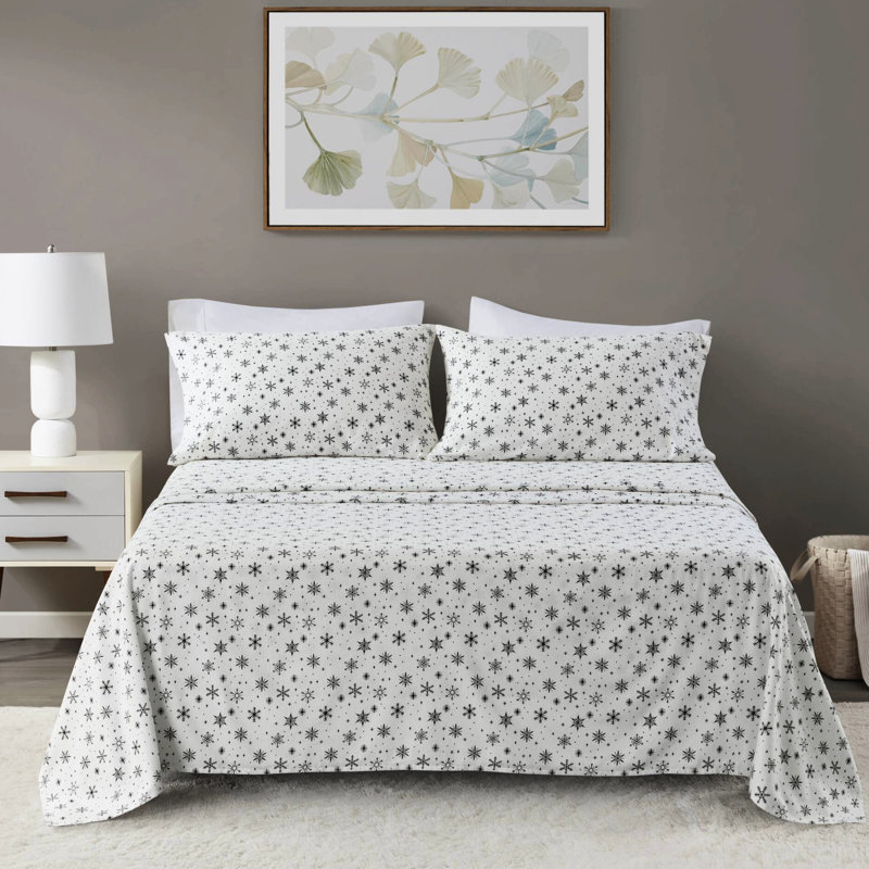 Drap double de 4 pièces avec motif de flocons de neige noirs, 100% flanelle de coton pour matelas jusqu'à 18 po, tissu doux brossé, drap-housse entièrement élastique, confort pré-rétréci, plat et 2 taies d'oreiller,