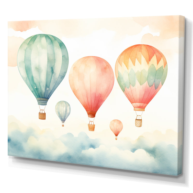 Vert et rouge, aquarelle, montgolfière Horizon I - montgolfière, art mural, Toile tendue, H 24 po x l 32 po x P 1 po