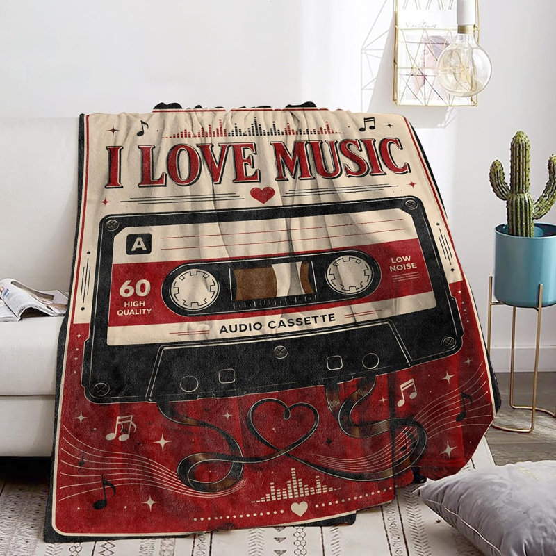 Couverture musicale rétro en flanelle avec motif de cassettes audio, 76 x 102 cm, 7.87" L x 9.84" W