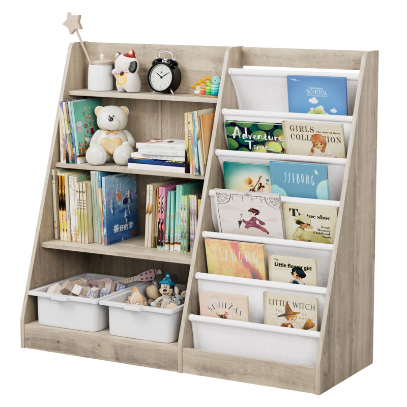 Bibliothèque pour enfants Maggiorina, étagère à livres, armoire de rangement, présentoir à livres, Bois gris / blanc